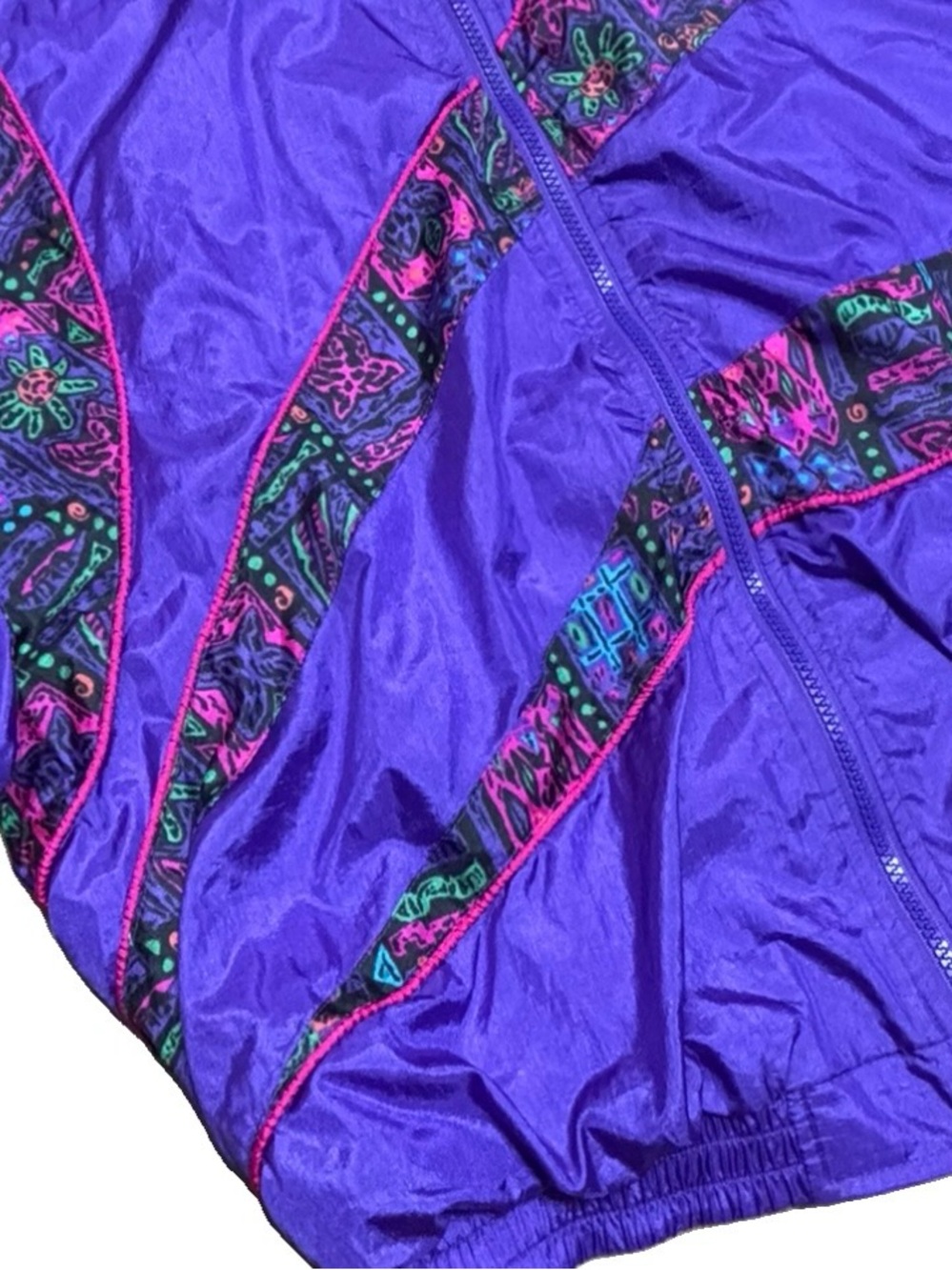 Vibrant Purple Women’s Retro Bomber Jacket with Patterned Panels - Picture 8 of 15